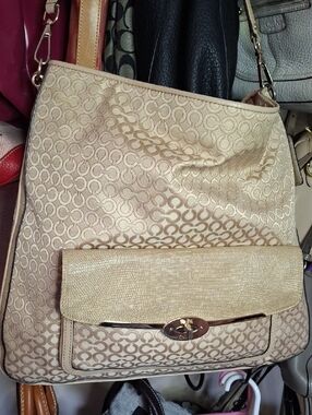 EUC COACH MADISON OP DESIGN TAN CANVAS LEATHER LARGE 2WAY SATCHEL